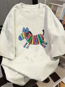 Camiseta de manga corta estampada, de corte holgado, cuello redondo, estilo japonés, versátil y casual para mujeres, primavera/veranoPCS - Gris Claro - Ver 1