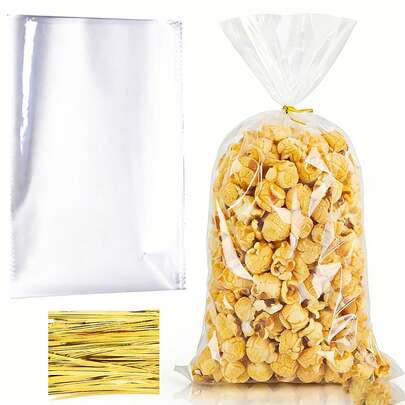 100/50 Christmas/Easter Transparent Plastic Packaging Bags Gift Bags Set: Glass Paper Bags With Tie Wraps, Thickened PP Baking Bags, Flat Bottom Bags, Suitable For Snacks, Candies, Breads, Pastries Or Holiday Gifts Packaging, Tie Wraps/Sealed Opening, Leakproof, Especially Suitable For Parties, Weddings, Food Storage And Decoration, Suitable For Home And Commercial Use, Easy To Use And Clean