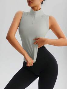 女士无袖运动上衣，立领半拉链透气网眼健身运动服，修身瑜伽服，健身房运动背心