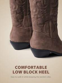 Taupe Faux Leather Women's Embroidered Cowgirl Boots For Outdoor Music Festival Black White Brown Mid-Calf Pull-On Block Heel - 灰褐色 - 查看 6