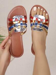 1双彩色编织休闲露趾亮面平底拖鞋 - 棕色 - 查看 3