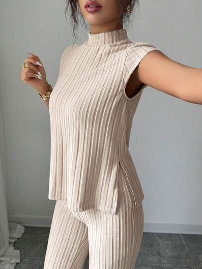 女士简约休闲两件套，罗纹面料女士日常居家休闲裤两件套