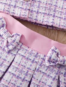 女童无袖荷叶边领格子短款上衣+蝴蝶结百褶裙两件套 - 彩色 - 查看 5