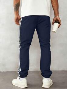1pc Men's Casual Sports Pants, Loose Fit Lightweight Breathable Trousers For Running, Outdoor, Hiking, Jogging, Fitness Training, Summer Beach, Commuting, Fashionable Striped Cropped Pants Spring - Royal Blue - View 3