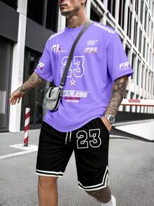 Men's Letter Print Round Neck Short Sleeve Casual T-Shirt And Drawstring Waist Shorts Set