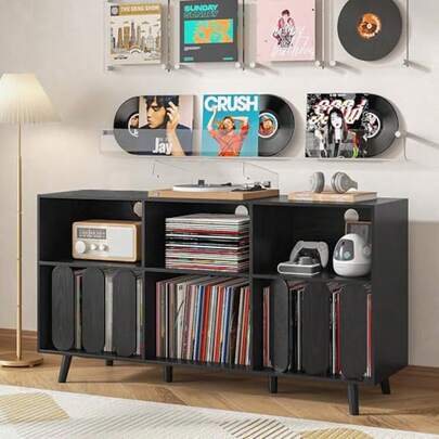 55" Record Player Stand, Vinyl Record Storage Cabinet With Divided Shelves, Large Capacity Storage For Music Room Living Room