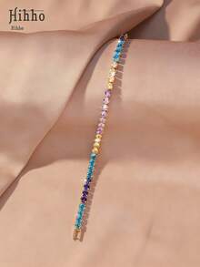 Hihho 1条多色渐变锆石手链，甜美多彩风格，提供彩虹渐变和纯色渐变两种选择，采用“密镶锆石+渐变色”设计，充满活力，视觉效果极佳。适合外出、约会等各种场合佩戴（颜色顺序随机）。 - 金色 - 查看 12