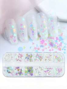 Caixa com 12 Compartimentos Glitter Iridescente de Sereia Transparente para Unhas, Lantejoulas Decorativas de Coração e Lua PET para Unhas DIY - Branco - Visão 1