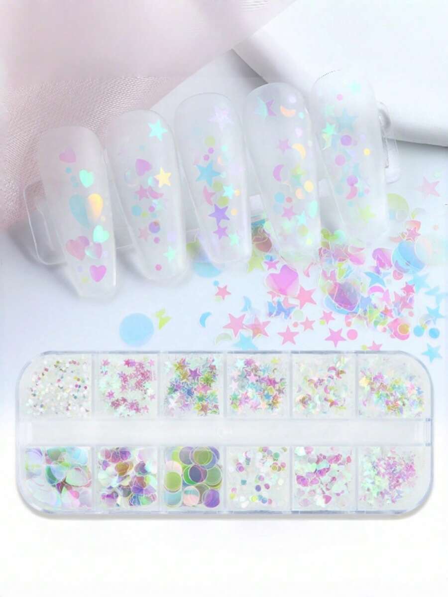 Caixa com 12 Compartimentos Glitter Iridescente de Sereia Transparente para Unhas, Lantejoulas Decorativas de Coração e Lua PET para Unhas DIY - Branco - Visão 1