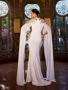 Faeriesty Abaya Elegant Mermaid Evening Gown - Sheer Chiffon Long Sleeves, Embellished With Golden Beads And Sequins, Fitted Bodice With Flared Skirt - Perfect For Weddings, Galas, Awards Ceremonies And Red Carpet Events - White - View 2