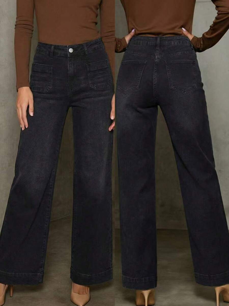 【显瘦复古风】女士高腰直筒牛仔裤 | 显瘦复古风 | 弹力混纺面料 | 休闲复古蓝 | 经典纽扣设计 | 日常时尚 - 黑色 - 查看 1