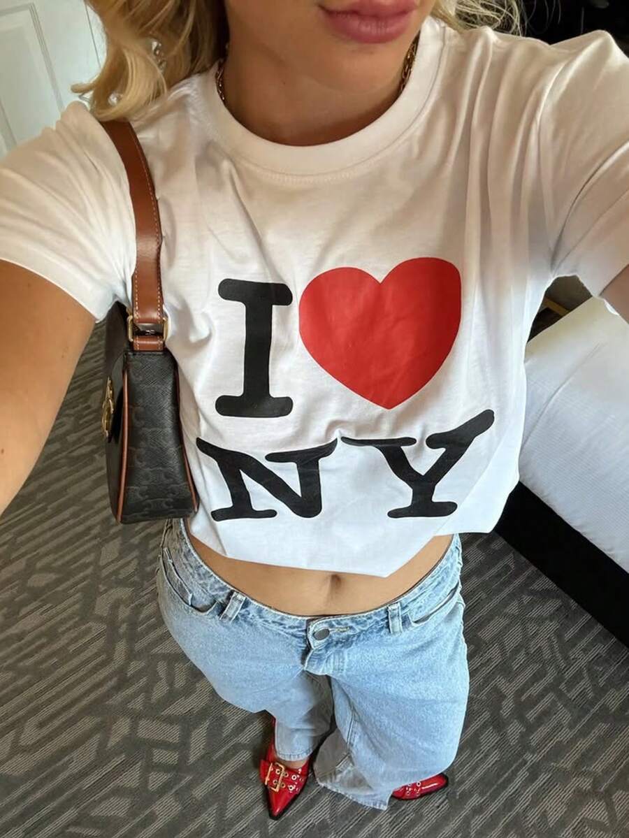 女士夏季上衣 - 白色短款T恤，印有“I ❤️ NY”字样 - 白色 - 查看 1