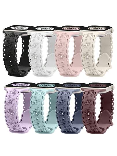 Dam- och herrmode, sportigt, mjukt, bekvämt, andningsbart, laseretsat, nytt silikonpräglat rosarmband, ihåligt spetsarmband, kompatibelt med -armband 38 mm, 40 mm, 41 mm, 45 mm, 44 mm, 42 mm, 46 mm, 49 mm, bälte, mångsidigt, avslappnat armband, armband för handledsfester, alla hjärtans dag, nyårs- och högtidsgåvor, med Ultra-serien 10/9/8/7/6/5/SE/4/3/2/1 tillbehör, reservremstillbehör