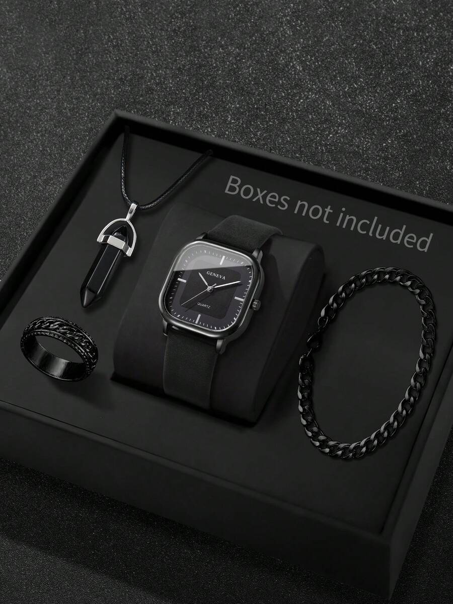男士礼品套装（4件套） - 经典时尚方形表盘休闲商务石英腕表 + 手链 + 项链 + 戒指（不含表盒）
