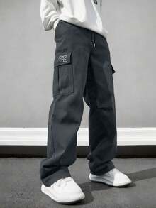 1 pieza Pantalones casuales de talla grande para hombres, adecuados para ir al trabajo, deportes, entrenamiento, correr, actividades al aire libre, senderismo, sueltos, sencillos, de moda, fitness, trotar, ejercicio, pierna recta, versátiles, estilo callejero - Gris Oscuro - Ver 3