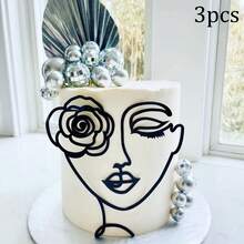 1 pieza/Set de 3 piezas Decoración para pastel de retrato de arte lineal de acrílico negro, adecuado para decoración de pasteles de cumpleaños, bodas y fiestas - Multicolor - Ver 14