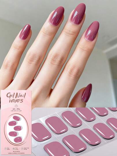 16pcs Fashionable & Elegant Wine Red Gel Nail Stickers, Self-Adhesive Full Nail Wraps, Requires UV Lamp, Easy To Apply And Remove, Suitable For Women & Girls Daily, Party, Date DIY Nail Art Supplies Nails