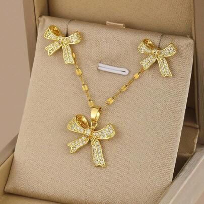 3件套优雅不锈钢锆石镶嵌蝴蝶结吊坠项链耳环首饰套装，派对装饰配件