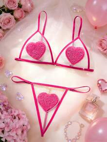 Valentine's Day New Red Love Bra Set Sexy Underwear Suit Perspective Mesh Low Waist Sexy Thong Sexy Lingerie For Women - Hot Pink - View 3