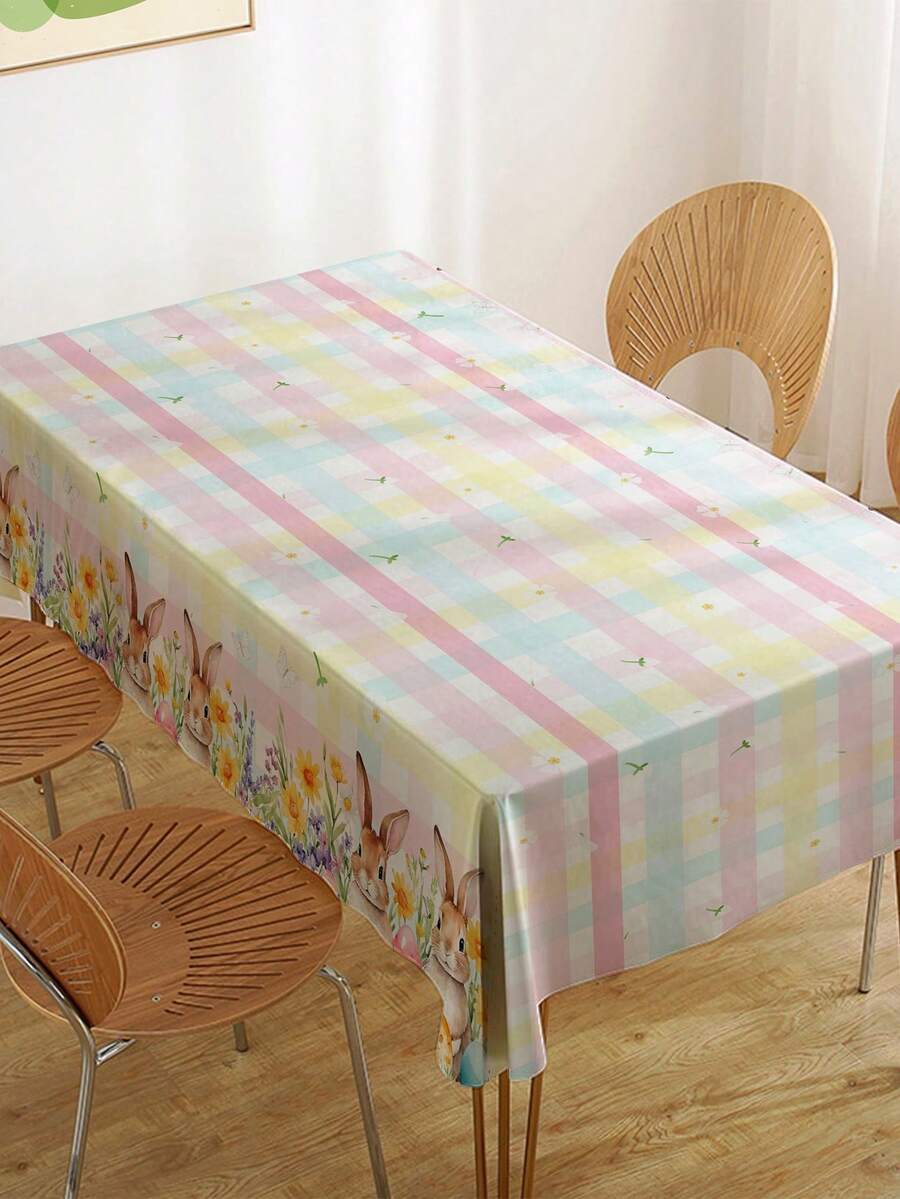1 Stück - Sofort einsetzbare Ostertisch Dekoration - Rechteckige Tischdecke mit Hasen- und Eiermotiv für Feierlichkeiten, Mahlzeiten und Frühlingsdekoration im Esszimmer - Verschiedenfarbig - Übersicht 1