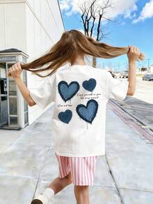 1件少女爱心印花短袖T恤，舒适时尚的夏季上衣，适合年轻学生