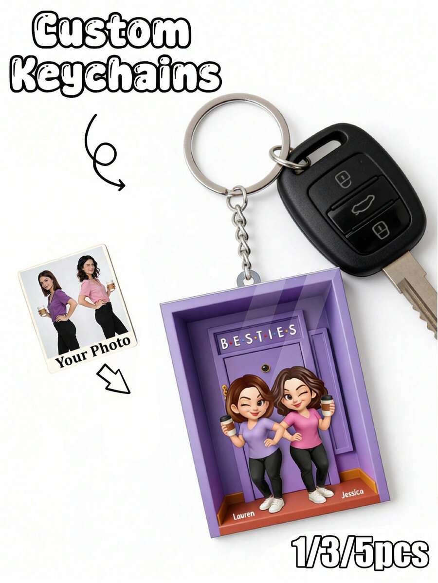 1/3/5pcs Customizable Family Style Photo Keychains, Personalized Acrylic Keychains, Purple Toy Box Style Personalized Acrylic Keychains, Personalized Souvenirs, Can Upload Name And Photo