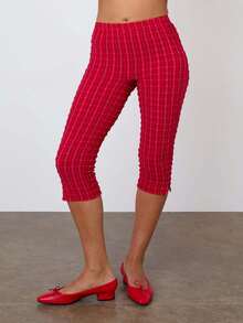 Women Capri Pants, Elastic Waist 3/4 Length Pants Plaid Cropped Pants For Casual Daily - 紅色 - 查看 5