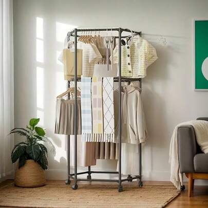 Rak Baju Berputar Heksagon Dengan Roda - Rak Berdiri Bebas Berputar 360°, Rangka Logam Kukuh, Reka Bentuk Jimat Ruang Mudah Alih, Sesuai Untuk Bilik Dobi, Paparan Butik, Dan Penyimpanan Rumah, Rak Gantung Pakaian, Aksesori Bilik Dobi