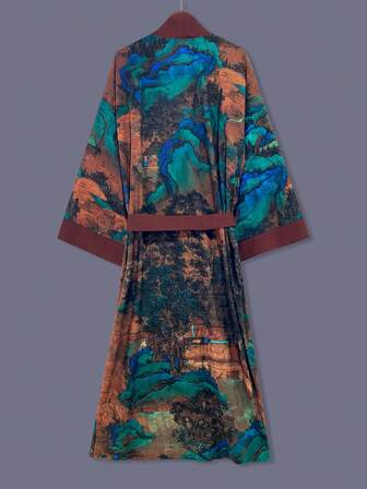Japanese-Style Landscape Print Mid-Length 3/4 Sleeve Kimono Cover Up Lightweight Jacket, Elegant Streetwear Casual Cover-Up, Suitable For Beach, Travel, Vacation, Robe, Bathrobe, Sash