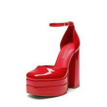 Women's Square Toe Block Heel Chunky Platform Wedding Shoes, Adjustable Ankle Strap Pumps For Prom - Red - View 5