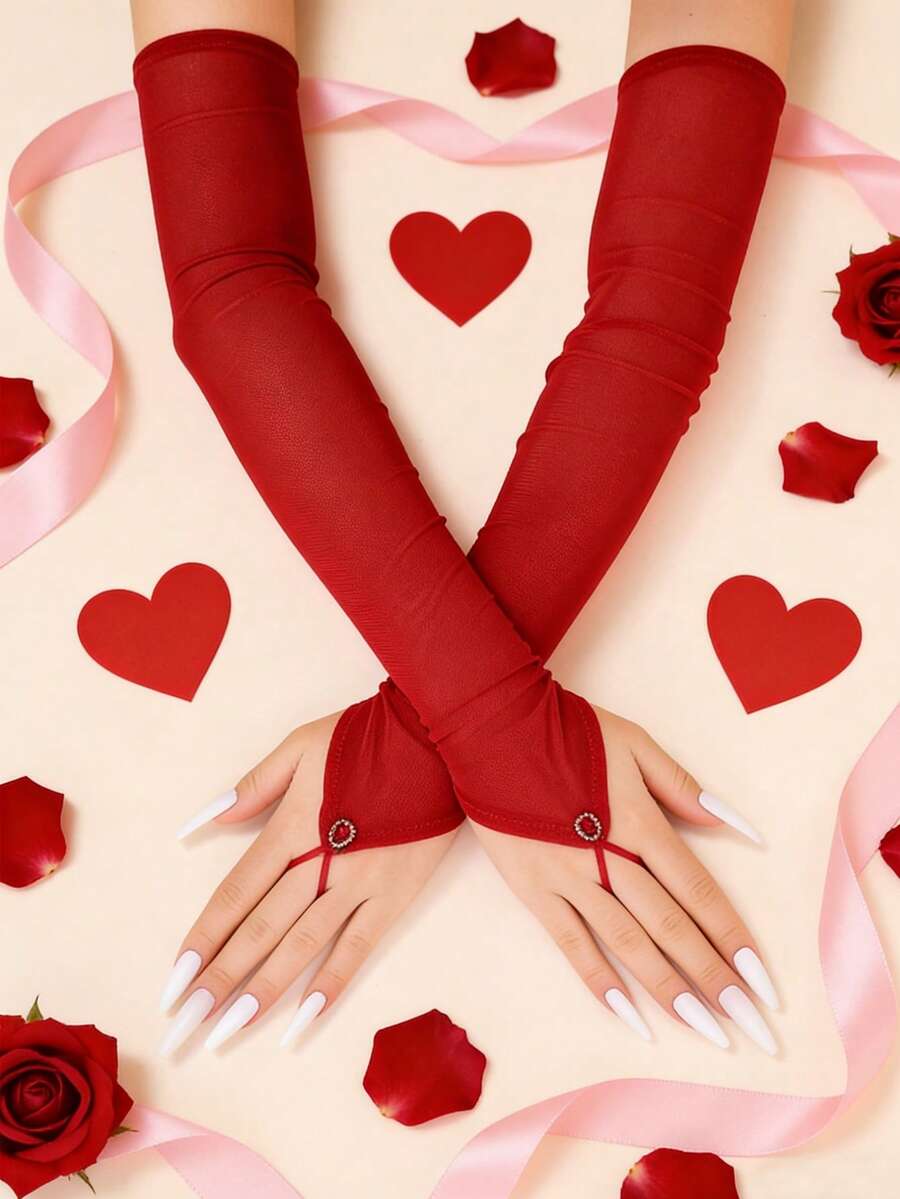 1 Pair Thin Outdoor Cycling Sun Protection Breathable Lightweight Fingerless Long Elegant Mesh Gloves For Women, Accessories For Valentine's Day Summer - Red - View 1