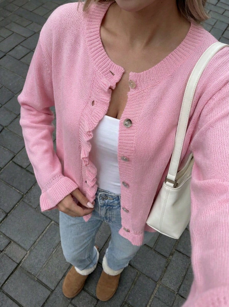 Buzzelle 优雅女士开衫，厚针织毛衣外套，浪漫法式风格，适合圣诞节和新年穿着，可爱圆领套头衫，冬季必备 - 粉紅色 - 查看 1