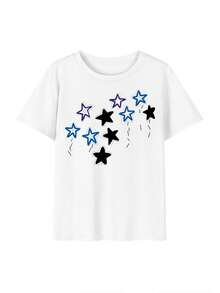 Y2K Cute Star Print Short Sleeve T-Shirt For Women, Loose Round Neck Slimming Sweet & Spicy Babe Style Tee - White - View 8