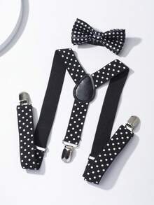 2pcs Polka Dot Bow Tie & Suspender Set, Suitable For Holiday Parties - Black and White - View 7