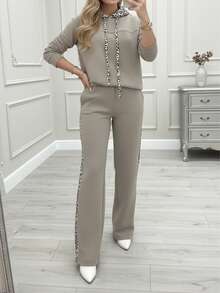 Women's Casual Leopard Print Drawstring Bodysuit And Pants Set, Minimalist Spring Outfit - Grey - View 4