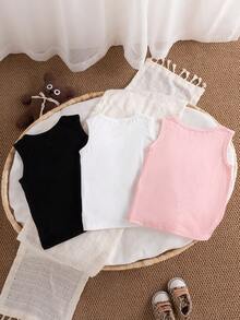 3pcs/Set Kaos Tanpa Lengan Kasual Motif Hati untuk Bayi Perempuan, Cocok untuk Bepergian dan Jalan-jalan di Musim Panas - Berwarna merah muda - View 3