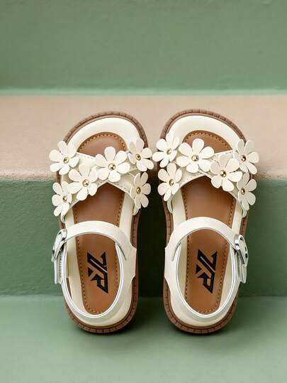 儿童夏季休闲百搭3D立体花卉装饰平底凉鞋