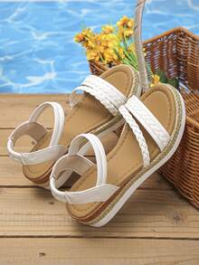 1双少女米色厚底凉鞋，圆头厚底时尚凉鞋，夏季舒适轻便编织绳童鞋，适合上学和日常穿着 - 白色 - 查看 4