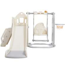 Children's Slide Set With Swing, 5 In 1 Children's Slide, Slide, Climbing Frame, Storage Space, Swing, Basketball Hoop, Swing Slide For Indoor Use - Grey - View 8