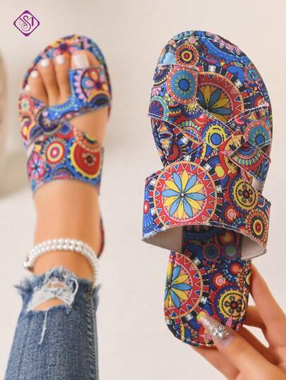 女士平底凉鞋，时尚舒适宽楦编织带经典波西米亚风凉鞋，多功能户外简约轻便休闲人字拖