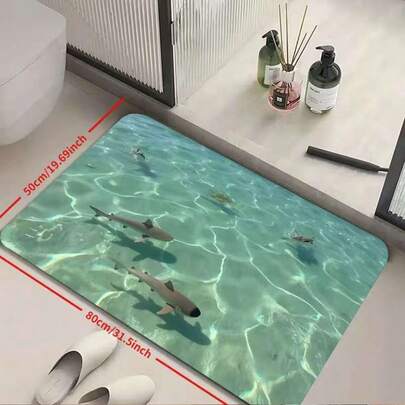 1pc Mint Blue-Green Underwater World Fish Silicone Bathroom Rug - Stain-Resistant, Waterproof, Machine Washable, Long Mat, Suitable For Entryway, Hallway, Laundry Room, Living Room