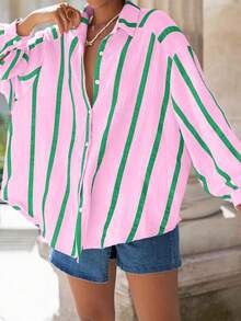 Women's Striped Plus Size Boyfriend Shirt, Front Short Back Long Button Down Casual Blouse, Suitable For Spring, Summer, Autumn - Pink and Green Stripes - View 3