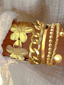 Conjunto de 6 em 1 Vintage Elegante Inspirado em Moeda Francesa Geométrica Assimétrica Infinita, Conjunto de Pulseiras de Braço Elásticas com Design de Babado Floral em Metal, Estilo Exagerado Americano Hip-Hop Chique Y2K Personalizável Empilhável, Adequado para Mulheres, Praia, Festa, Festival de Música, Encontro, Presente, Joias para Uso Diário - Multicolorido - Visão 4