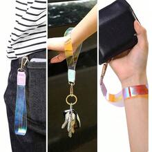 Bonito cordn de mueca para llaves/correa de mueca para mujer, para, pequea cartera y telfono/soporte de llavero corto esttico con cierre/accesorios hologrficos brillantes para nias color lila - inicial - Ver 7