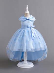 Girls' Embroidered Trailing Tulle Princess Dress, Cute Little Girl Party Dress, Suitable For Wedding, Birthday, Recital, Piano Performance, Evening Gown - Baby Blue - View 4
