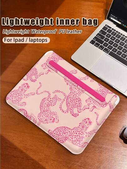 1pc Pink Leopard Print Laptop Sleeve, Suitable For MacBook Pro 15, Air 13, Galaxy Tab S10 Ultra, Metabook 14 Inch, Made Of PU Leather, Waterproof And Dirt-Resistant, Magnetic Closure, Available For Both Men And Women, Can Store IPad, Also Can Be Used As A Mouse Pad, A Must-Have Travel Laptop Bag