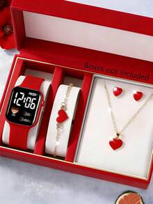 5/1 pieza Reloj electrónico con pantalla digital con forma de corazón, de moda y lindo, para niñas, equipado con pulsera, collar colgante y un par de aretes con forma de corazón, adecuado como regalo para niñas en Año Nuevo, estudiantes, muy apropiado para la vida diaria como la escuela, fiestas y viajes. Regalos de cumpleaños, temporada de graduación, Día de San Valentín, regalos perfectos para niñas - Multicolor - Ver 1