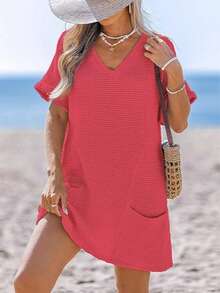 Women Crochet Beach Coverup Waffle Knit Loose Casual Wear V Neck Short Sleeve Dress Swimsuit For Women With Pockets - 紅色 - 查看 4