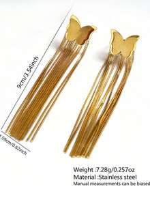 VceTd 1 Pair Romantic Style 3D Butterfly Design Tassel Decorated Stainless Steel Dangle Earrings, Suitable For Women To Wear To Banquet Or Engagement, Great Gift For Mom On Holidays - Yellow Gold - View 4