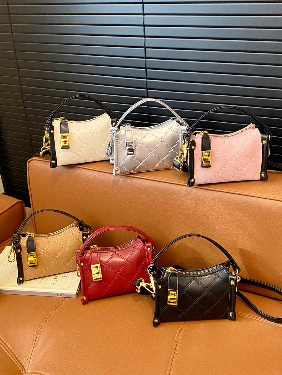 斋月庆典新款时尚撞色绗缝迷你手提包、迷你斜挎包、迷你儿童包、超小口红包、纯色手拿包、迷你晚宴包 - 繡線方鎖方盒 - 查看 1